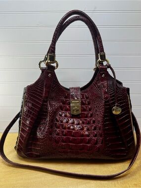 Brahmin Elisa Wine Red & Black Croc-Embossed Leather Shoulder Bag Satchel Purse